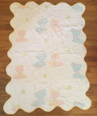 Vtg Pastel Worn Baby Crib Quilt Blanket Scalloped Puppy Dog Poodle Blue Pink