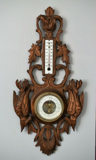 ⭐ Antique French Carved Wood,  Barometer & Thermometer,  Black Forest,  Birds,  Dog⭐