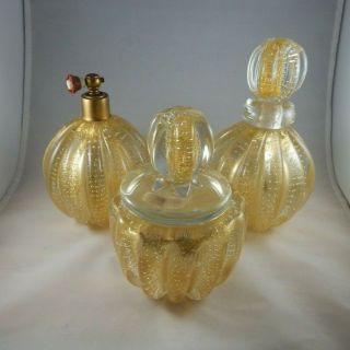 Vintage Italian Murano Glass - 3 - Piece Vanity Set - Gold Aventurine,  Bullicante