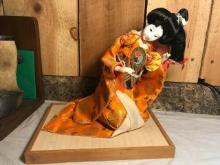 Vintage Japanese Geisha Doll On Stand Silk Kimono Porcelain Face