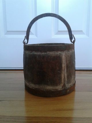 Antique Wooden Well Bucket W/iron Handle,  2 Iron Bands,  Ornate Hardware