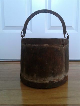 ANTIQUE WOODEN WELL BUCKET W/IRON HANDLE,  2 IRON BANDS,  ORNATE HARDWARE 2