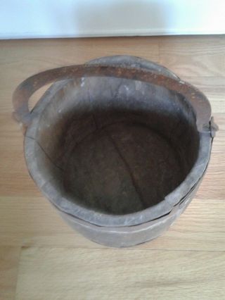 ANTIQUE WOODEN WELL BUCKET W/IRON HANDLE,  2 IRON BANDS,  ORNATE HARDWARE 3
