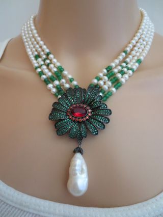 Custom Made $4k Pearl Sterling 18k Blinding Emerald Cz Flower Necklace