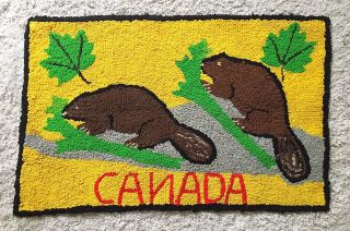 Early 1900’s Antique Hook Rug Canada W/ Beavers