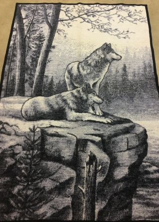 Vintage Biederlack Blanket Throw Wolves On Rock Cliff Navy Cream 52 " X 77 "