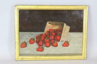 Great 19th C Folk Art Oil On Canvas Painting Strawberries Falling From A Basket