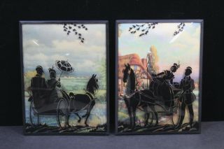 Vintage Silhouette Reverse Painted Convex Glass Woman Man In Horse & Buggy X2