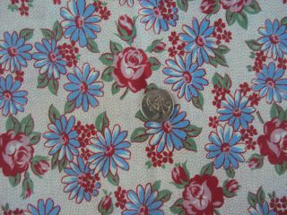 Vintage Feedsack Blue Red White Green Roses Daisy Feed Sack Quilt Sewing Fabric