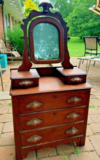 Antique Childs Or Salesman Sample Dresser With Mirror And Carved Drawer Pulls