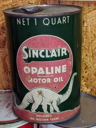 Old Sinclair Opaline Metal 1 Quart Motor Oill Can Wm Dinosaur