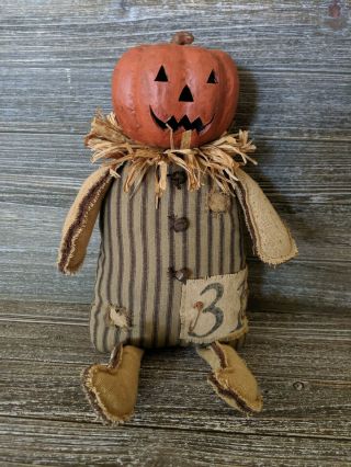 Primitive Halloween Pumpkin Doll With Paper Mache Head,  Handmade.
