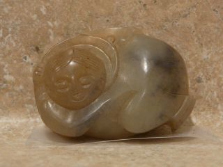 S38 Vintage Carved White Yellow Chinese Jade Stone Kneeling Boy Drilled Pendant