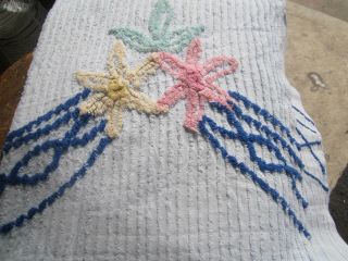 Vintage Chenille Bed Spread Blue With Pink Purple Yellow Flowers Navy Trim