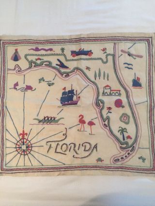 Vintage Colorful Hand Embroidered Florida Map 18” X 20”