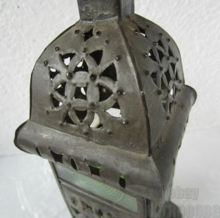 Antique Punched Tin Candle Lantern With Glass,  Primitive