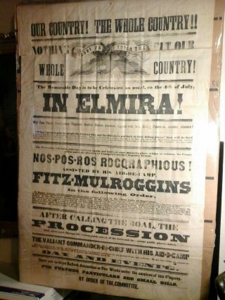 1867 Broadside - Unique - Poster - 26,  " X 41,  " - Rare - " In Elmira "