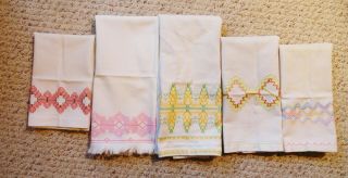 5 Vintage Kitchen Tea Towels Linen Huck Embroidered
