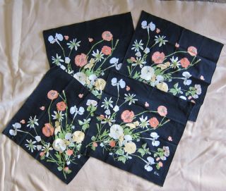Set Of 4 Vintage Vera Neumann Black Cotton Floral Napkins,  18 In.  X 18.  5 In.