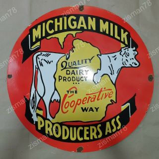 Michigan Milk Dairy Products Vintage Porcelain Sign 30 Inches Round
