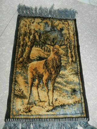 Vtg Velvet Tapestry Rug Deer Stag Fringed Italy Wall Hanging