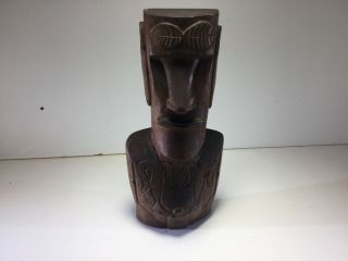Vintage Carved Wood Moai Easter Island Rapa Nui Birdman Frogs Leaves Symbols