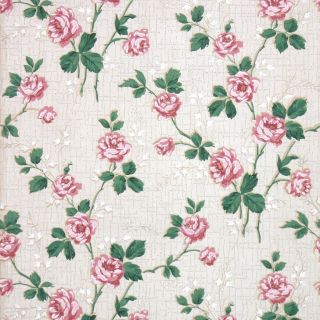 1950s Floral Vintage Wallpaper Pink Roses Green Leaves On White W/ Silver Accent