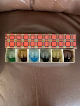 Vintage Set Of 6 Etched Colored Liqueur Cordial Shot Glasses Box Korea