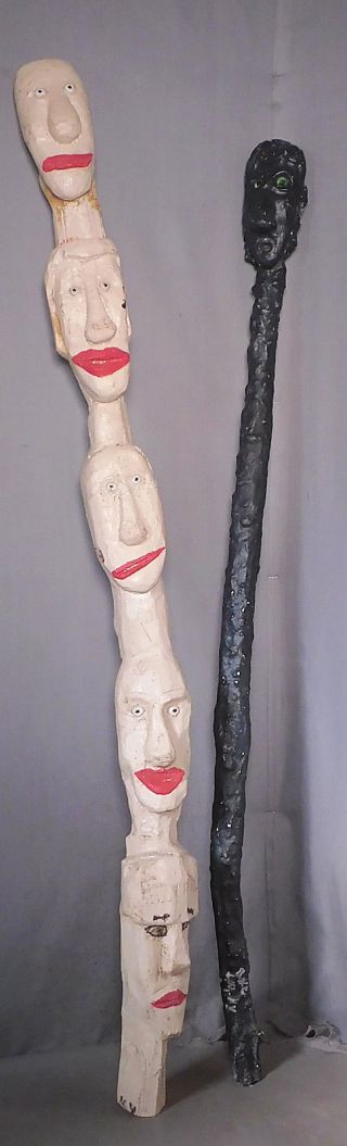 2 Vintage Kentucky Outsider Folk Art Signed Walking Stick Carved Wood Totem Pole