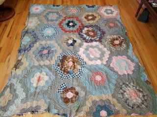 Vintage Handmade Hand Sewn Quilt Top Hexagons Flower Garden Plaids Checks 69x79