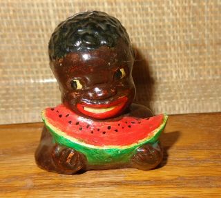1 Old Vintage Black Americana Boy Eating Watermelon Salt Or Pepper Shaker Chalk