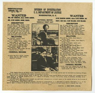 Bonnie And Clyde - Vintage Doi Issued Wanted Notice - U.  S.  Doj,  Washington,  Dc
