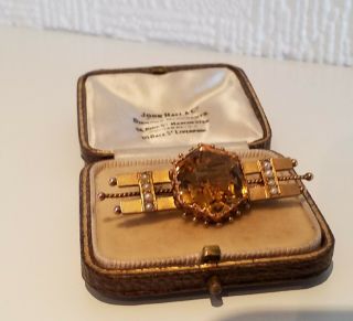 Fine Antique 9ct Gold Brooch Pin With A Large Faceted Citrine And Seed Pearls