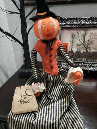 Halloween Primitive Folk Art Witch Rag Pumpkin Head Doll Shelf Sitter Decor 30 