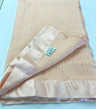 Vintage Faribo Peach Wool Blend Washable Blanket Twin Size Satin Trim Usa