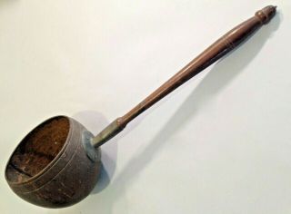 Antique 19th Cent Carved Coconut Shell Turned Wood & Pewter Water Dipper Ladle