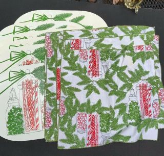 Vera Neumann 6 Placemats & Napkins - Christmas Peppermint Candy Canes In Jars