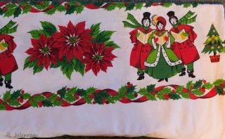 Vintage Christmas Carolers Poinsettia Cloth Tablecloth 96x58