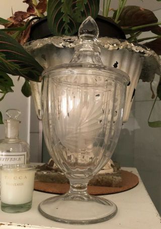 Vintage Glass Candy / Apothecary Jar Lid Etched Floral Pattern Storage
