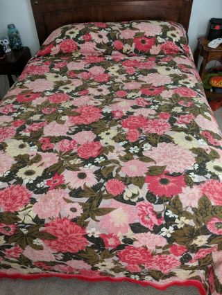 Vtg 60s 70s Pink Red Green Floral Bedspread Fringe Morgan - Jones Full Queen Usa