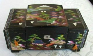 Vintage Japanese Jewelry Music Box Black Lacquer Hand Painted Abalone Inlay 818