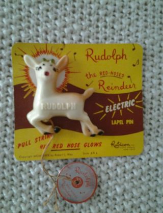 Vintage Light Up Rudolph The Red Nose Reindeer Pin Lapel On Card