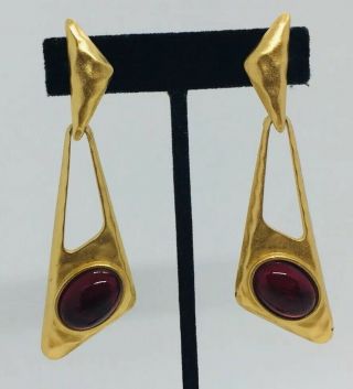 Yves Saint Laurent Ysl Gold Plated Red Glass Cabochon Clip Dangle Earrings