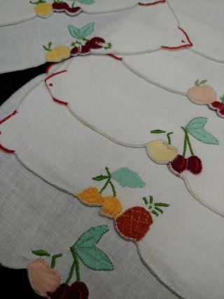 8 Vintage Madeira Linen Cocktail Napkins Hand Embroidery Fruit Applique