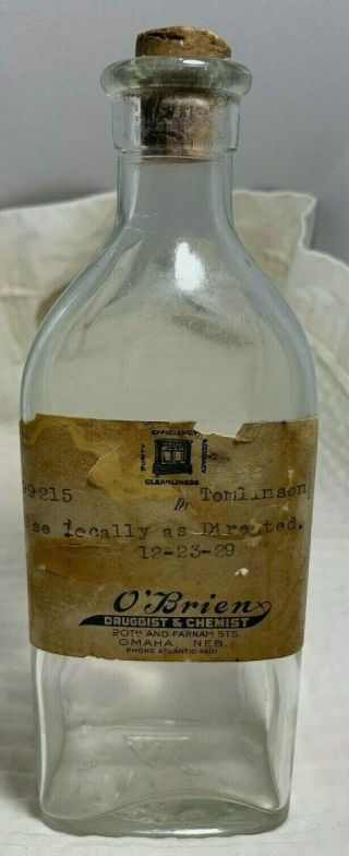 1929 Omaha Nebraska O’brien Druggist Chemist Drug Store Bottle Dr Tomlinson