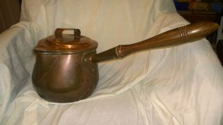 Large Antique 8 " Cooking Copper Wood Handled Batter Lidded Ladle Kettle Pot