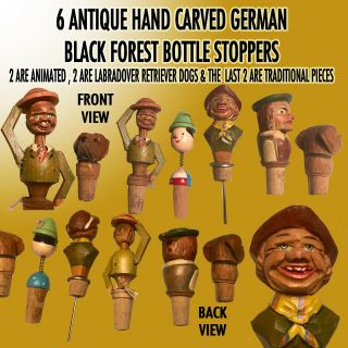 6 Antique Hand Carved German Black Forest Folk Art Bottle Stoppers 2 Animated