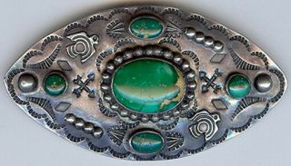 Large Vintage Navajo Indian Silver Thunderbirds Green Turquoise Pin Brooch