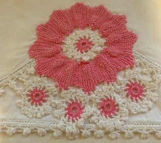 Pair Vintage Crocheted Pillowcases Scalloped In Pink & White Flowers Crochet