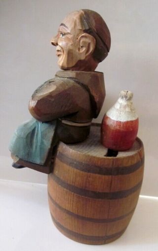 vintage ANRI carved wood Monk on a barrel bar set corkscrew & opener 2